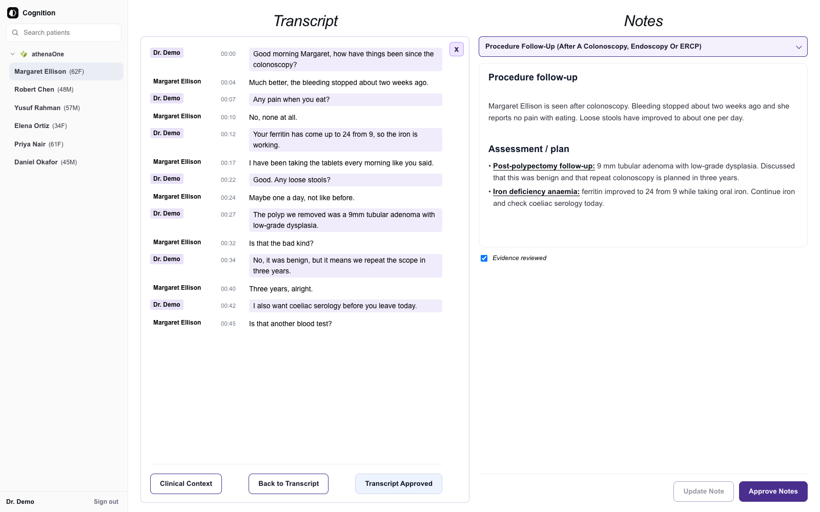 Synthetic note workspace with transcript approval, evidence review, and clinician sign-off controls